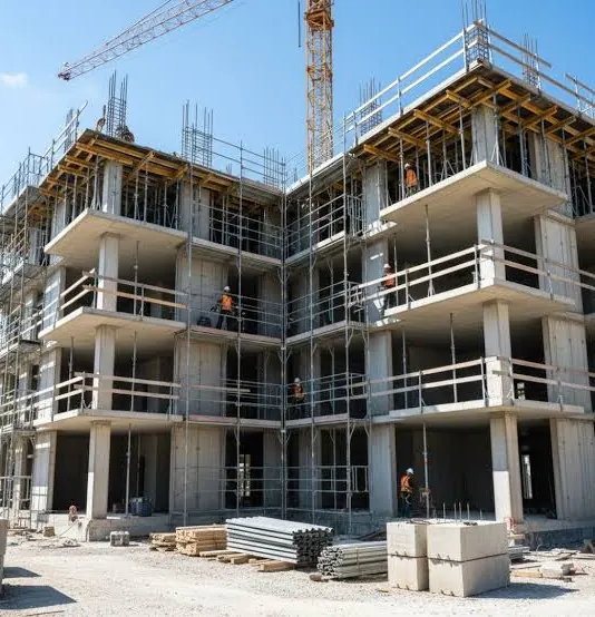 Multi-storey commercial building under construction with scaffolding and tower cranes